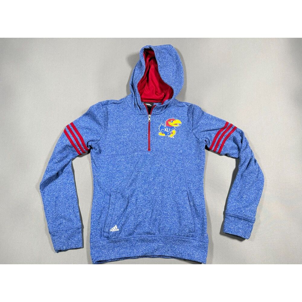 Adidas Kansas Jayhawks 1/4 Zip Hoodie Blue Heather Kangaroo Pocket Sweatshirt